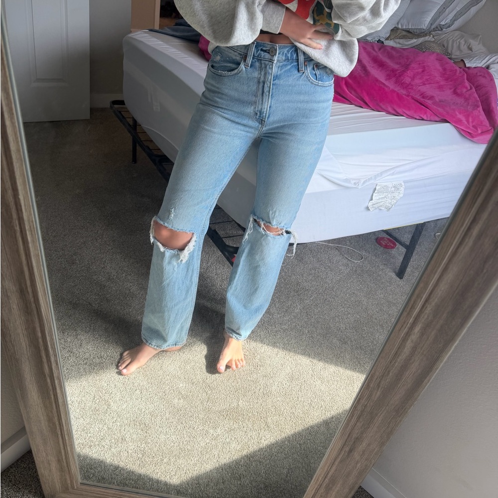 Abercrombie & Fitch Light Blue High-Rise Ripped Wide Leg Jeans